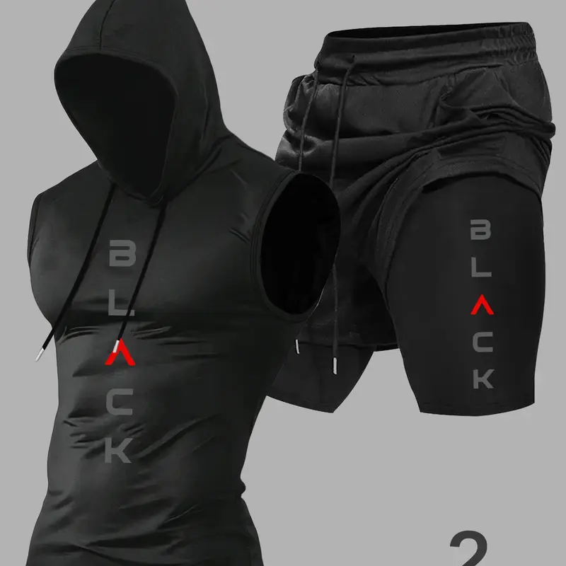 Summer Men's Sporty Casual Set, Letter Pattern Hooded Sleeveless Vest + Casual Waist Drawstring Shorts, Outdoor Sports Wear, Daily & Fitness Clothing