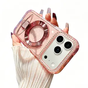 Transparent Glitter Diamond Stand Case for iPhone 17/16/15/14/13/12 Pro Max Pro Plus AIR ,Soft TPU Anti-Yellow Shockproof Protective Cover, Luxury Bling Sparkly Case with Built-in Kickstand