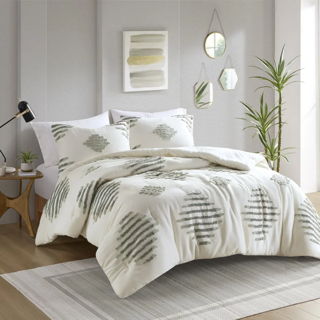 Nokaa Full/Queen 3 Piece Cotton Blend Chenille Comforter Set - Soft Tufted Bedding with Matching Shams, Lightweight Cozy Bedroom Decor for All Seasons, Machine Washable, Green+Ivory