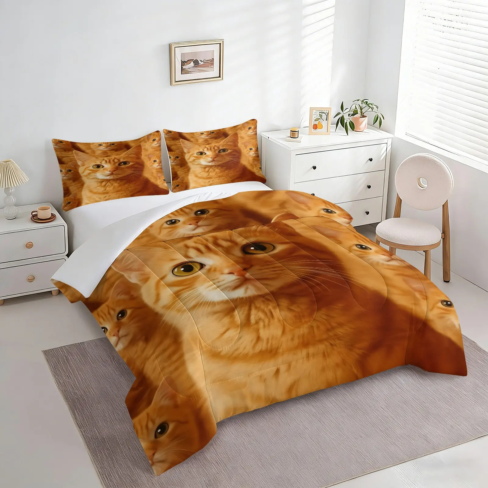 Cute Cat Theme Comforter Set, Soft Polyester Fiber Wadding, Includes Pillowcases, Perfect Gift for Cat Lovers, Bedroom Decor