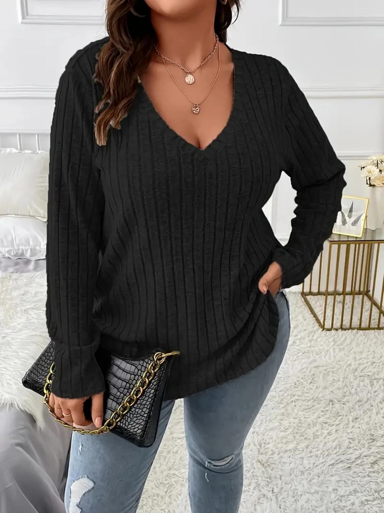 Plus Size Solid Long Sleeve Tee, Casual Comfy V Neck Top for Fall Daily Outdoor Wear, Women Plus Clothing for Fall , Fall Outfits 2024, Fall Outfits, Earthtone Fallfreshness, Dressy Casual Tops