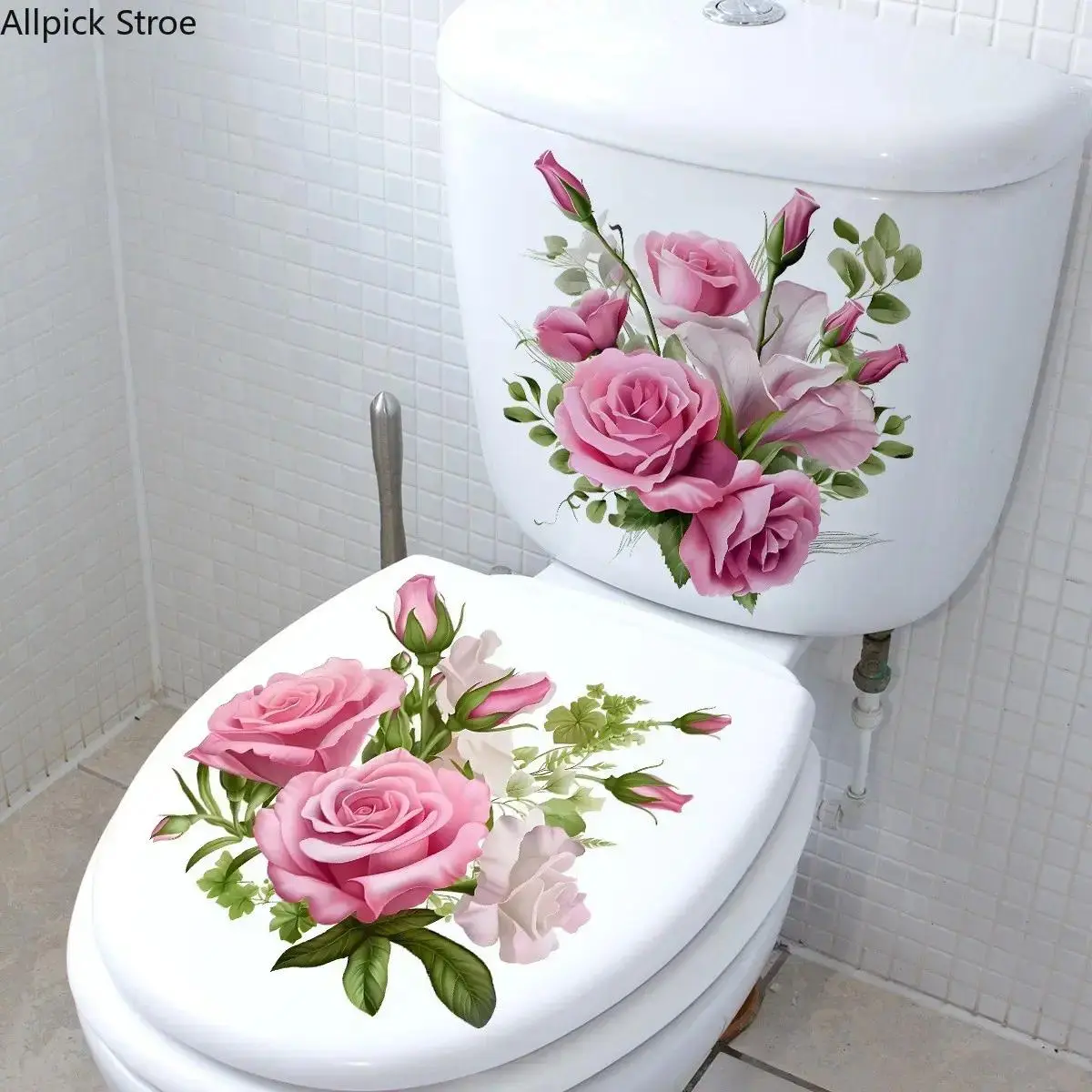 Rose Floral Toilet Lid Stickers, 2-Piece Decorative PVC Cover Set for Bathroom, Waterproof, Reusable, and Self-Adhesive, Toilet Covers, 2 Pieces, Complete Set, No, Multi-Color, Bathroom Accessories, Beautiful Pink Rose Pattern, Easily Installable