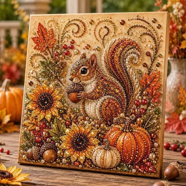 Christmas Pearl Painting DIY Set, 3D Diamond Painting DIY Set, Squirrel Fox Diamond Painting Handmade Home Decoration, Multi functional Autumn Craft Set, Exquisite Frame for Home Interior Decoration and Festival Party Gifts