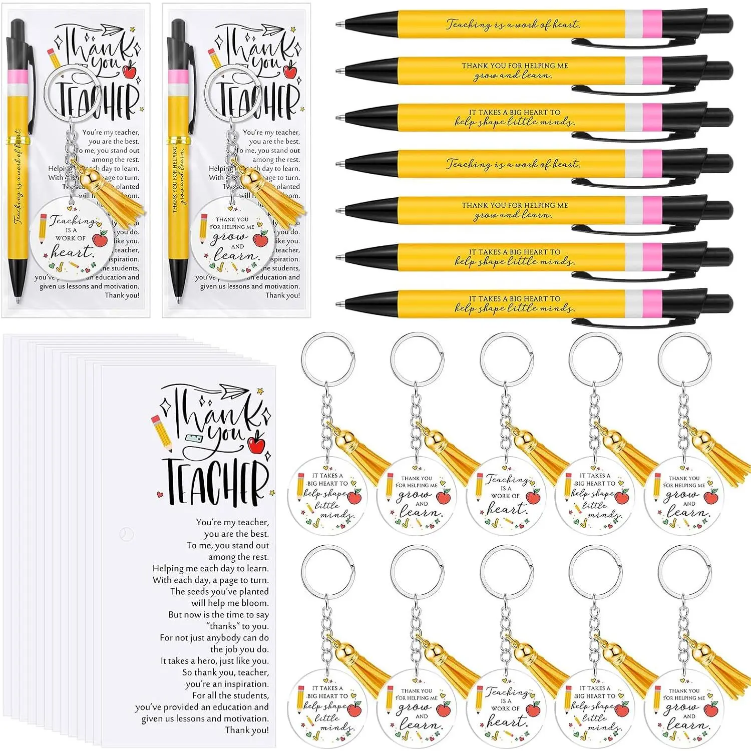 10-Pack Unisex Modern Synthetic Motivational Teacher Gift Thank You Pens with Keychains & Cards, Office Stationery Bulk for School Team Appreciation, Holiday Party Favors