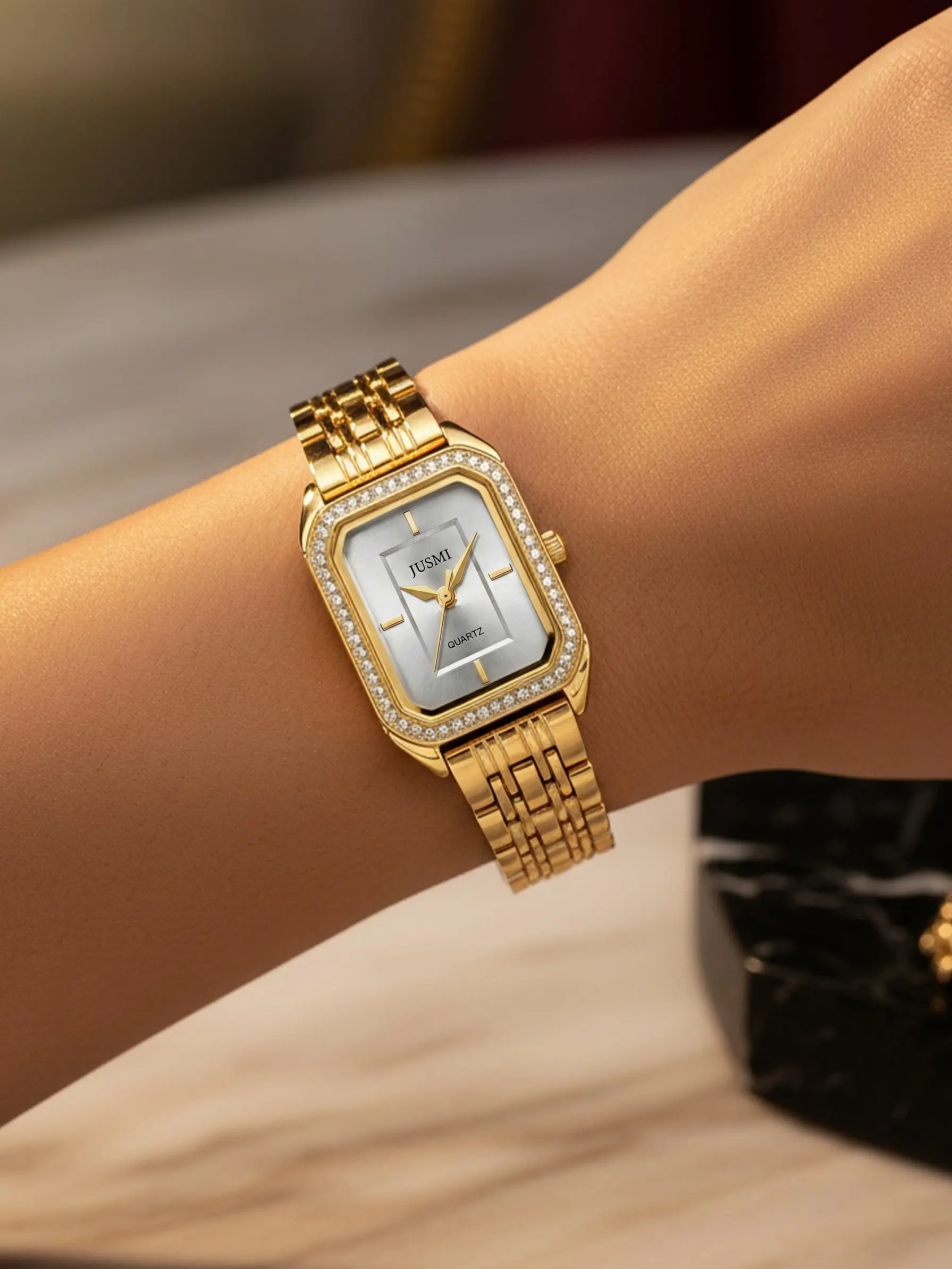 Silver Color Quartz Watch for Women, Elegant Rectangle Face, Rhinestone-Encrusted Dial, Multi-Layer Metal Chain Strap, All Seasons Wear