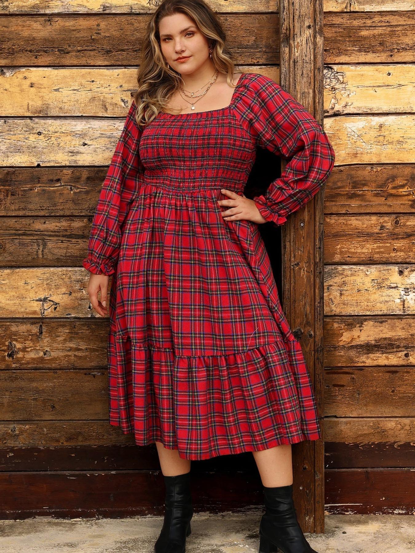 Christmas Plus Size Plaid Long Sleeve Dress for Women, Casual Loose-Fitting A-Line Dress, Fall & Winter Fashion, Comfortable Daily Wear, Boho Fashion Dress