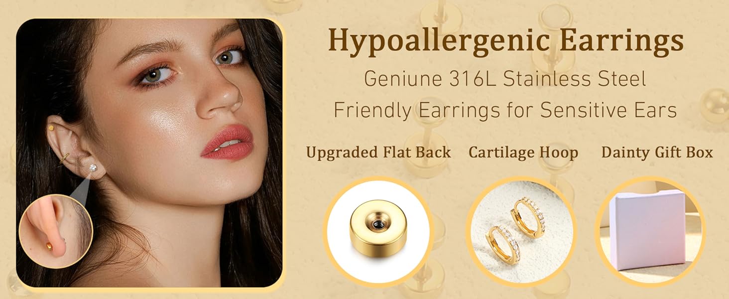 LOLIAS Hypoallergenic Surgical Steel Earrings for Sensitive Ears-20G Flat Back Earrings for Women Men-Small Stainless Steel Earrings Studs Hoop Cartilage Earring Opal Ball CZ Flatback Earrings