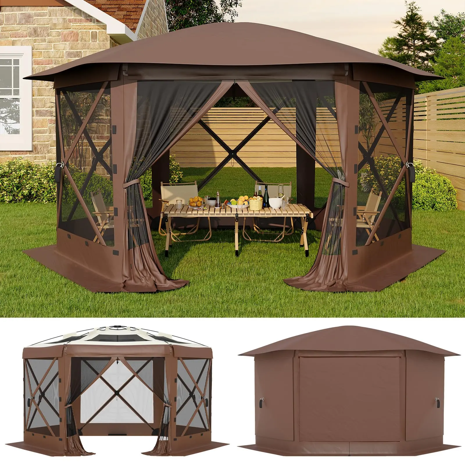 Portable 13x13FT/11.7x11.7FT Outdoor Canopy Tent for Patio, Backyard - Mesh Sides, Removable Wind Panels, Privacy Screen, Bug Protection, Easy 1-Push Setup