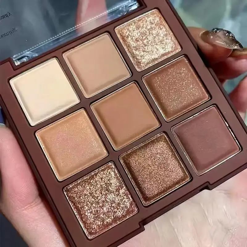 9-color chocolate warm-tone eyeshadow palette, with shimmering and matte brown shades, highly pigmented and long-lasting silky texture, easy for contouring, creating eye looks, suitable for different occasions, Eye Makeup Products