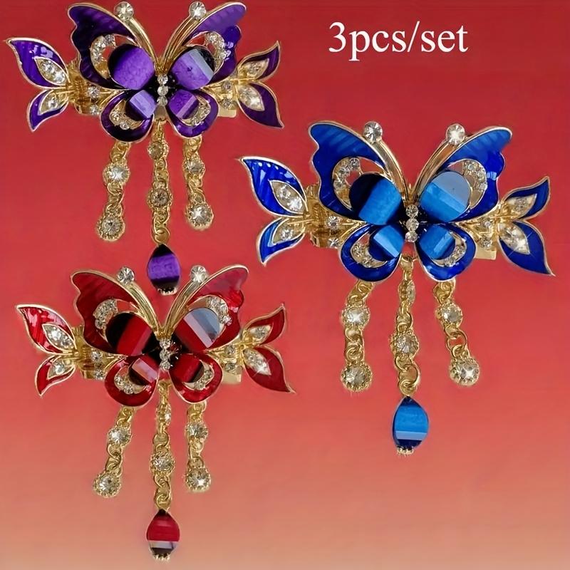 3pcs Butterfly Hairpin Set, Featuring Shiny Rhinestones And Tassels - a Retro-Style Accessory, Suitable for Regular Hair, an Ideal Christmas And Holiday Gift for Daughters And Mothers.