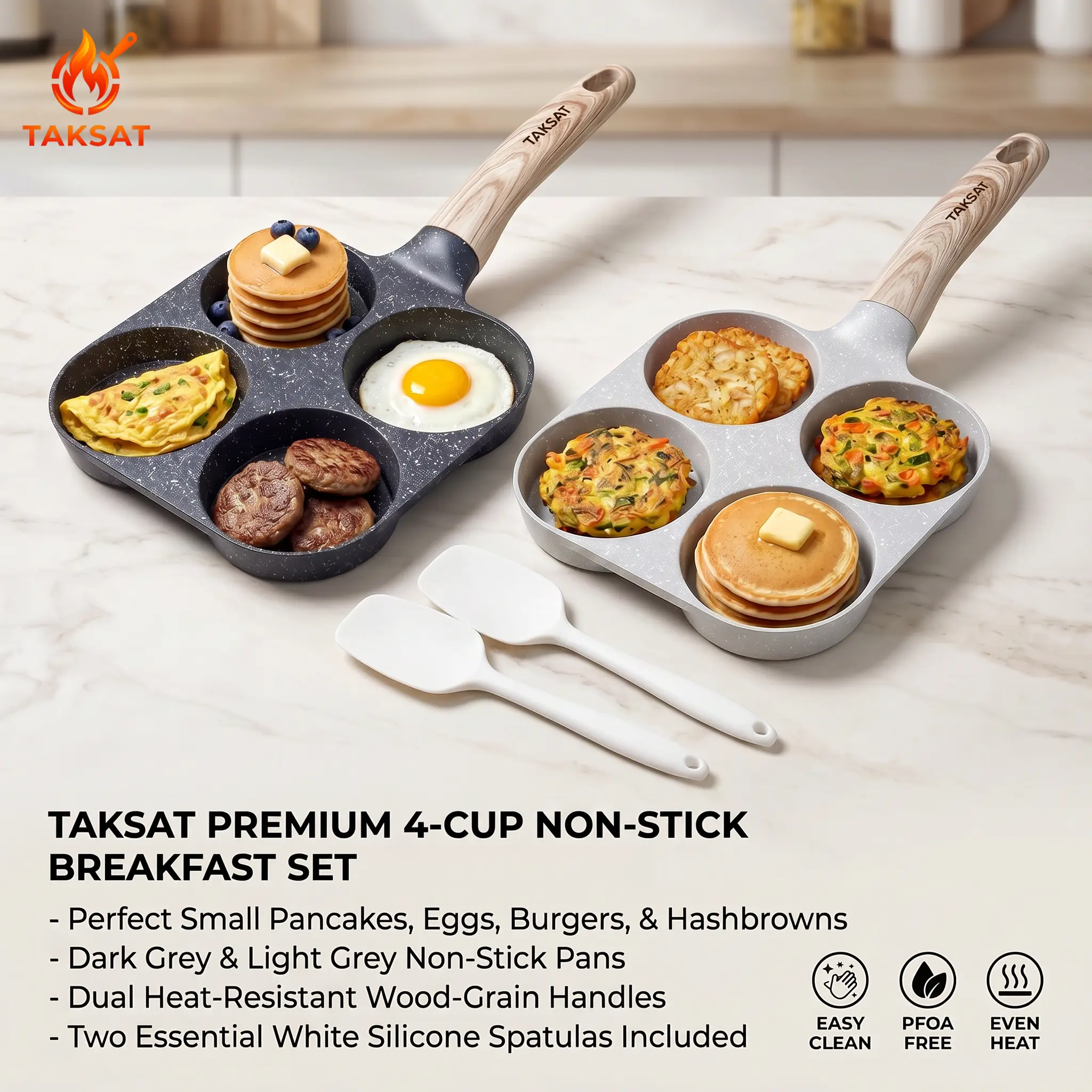 [Buy 1 Get 1 Free] EggFryingPan, Multifunctional 4-in-1 Non-Stick Breakfast Pan, 4-Hole Non Stick Breakfast Pan |   Fast Heat Skillet for Eggs & Hamburgers, Easy Clean Wooden Handle, Pans & Woks KitchenGadgets, Effortless Family Breakfast Prep