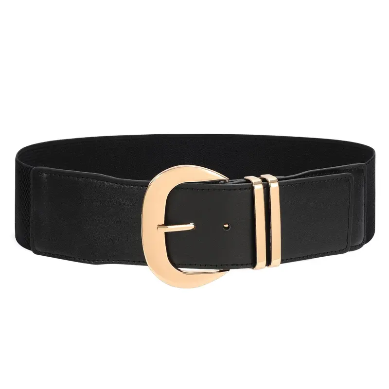 JASGOOD Women Wide Elastic Waist Belt for Dresses Fashion Gold Buckle Stretchy Leather Waistband for Ladies