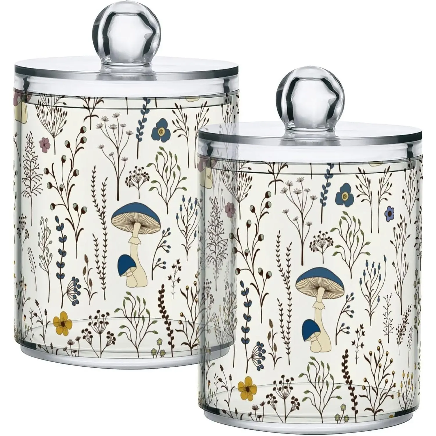 2 Pack Mushroom Qtip Holder with Lid, Clear Plastic Apothecary Jars, Bathroom Storage Containers for Cotton Swabs, Cotton Balls, Floss Picks, Tea, Coffee