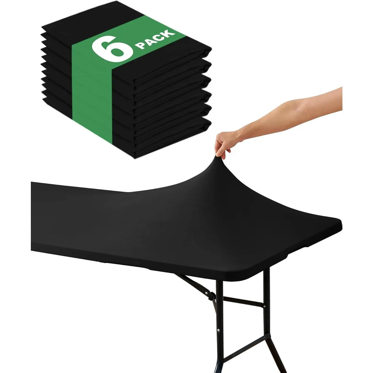 Fitted Tablecloth Rectangle Table Cloths - 6 Pack 6 Foot Elastic Stretch Folding Table Top Cover Water-Resistant Reusable for Outdoor Picnic Camping Party Event, Black, 72" L x 30" W