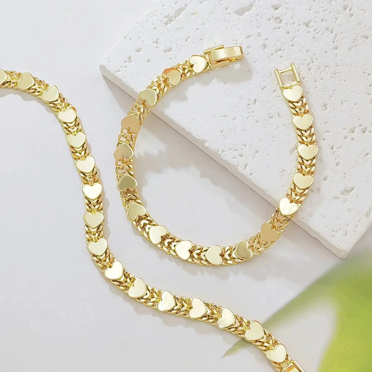 Double Row Cuban Link Heart Charm Bracelet - Smooth Polished Chunky Stackable Chain, Trendy Birthday & Valentine's Day Jewelry Gift for Women