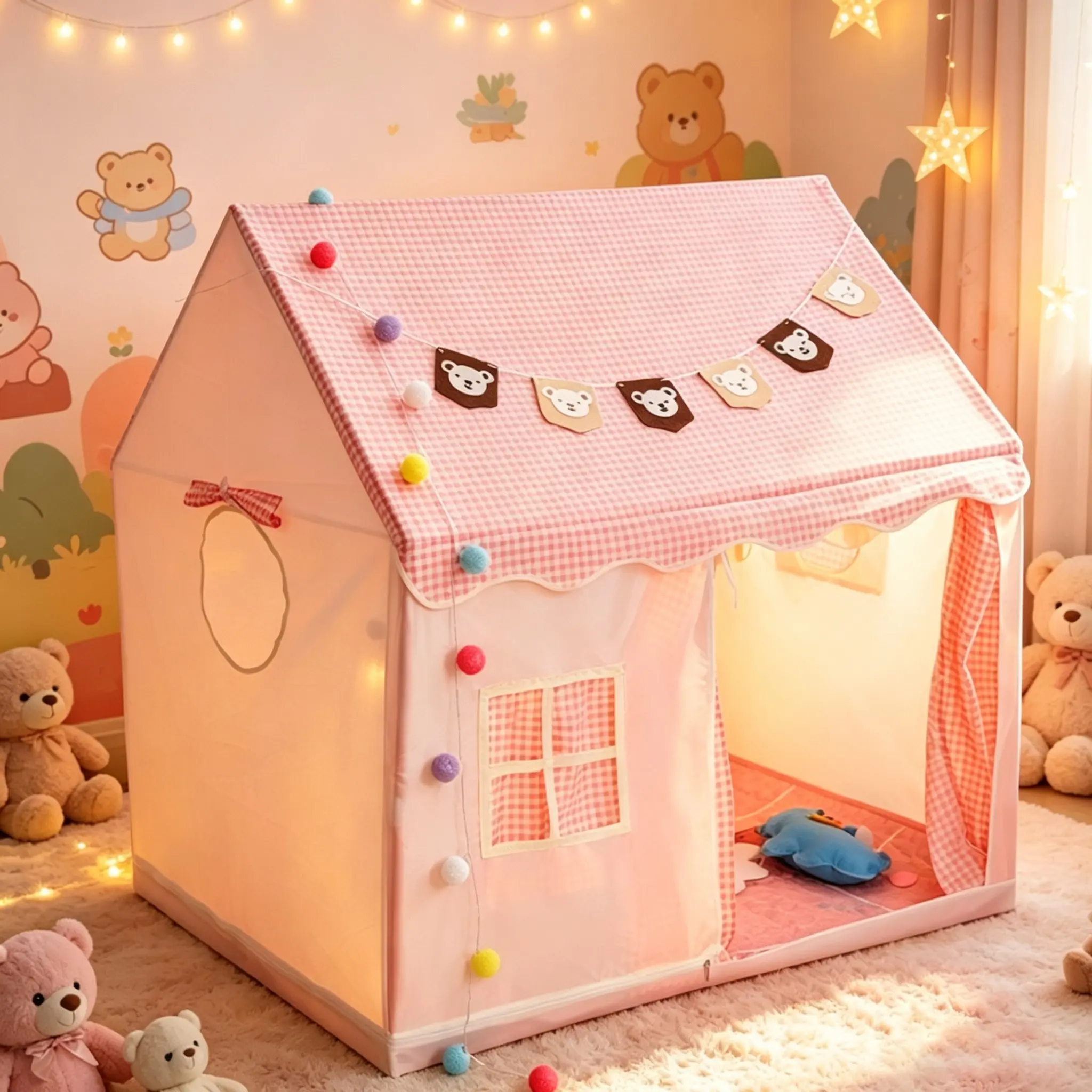 Round Grid Window Playhouse, Outdoor Playhouse, Check Pattern Tent with Side Windows, Portable Play Area for Imaginative Play, Perfect for Kids' Fun, Party Play Tent, Toddler Play Tent, Play Castle Tent, Outdoor Play Equipment