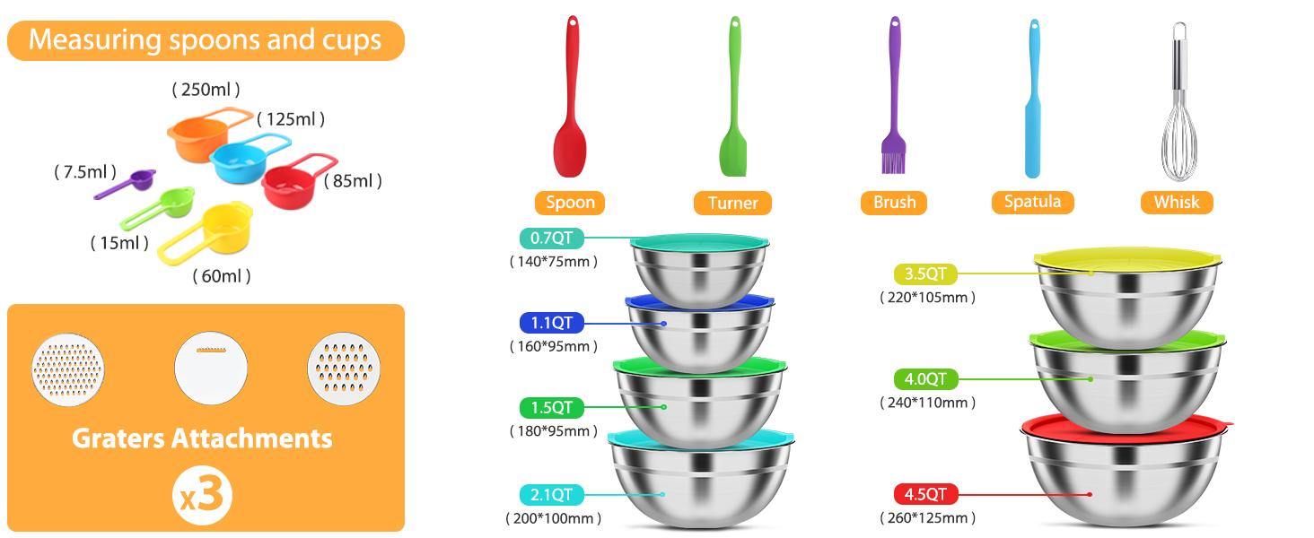 Mixing Bowls with Lids Set, 7 PCS Stainless Steel Mixing Bowls with 3 Grater Attachments, Size 4.5, 4, 3.5, 2.1, 1.5, 1.1, 0.7QT, Ideal for Kitchen Cooking Baking & Serving