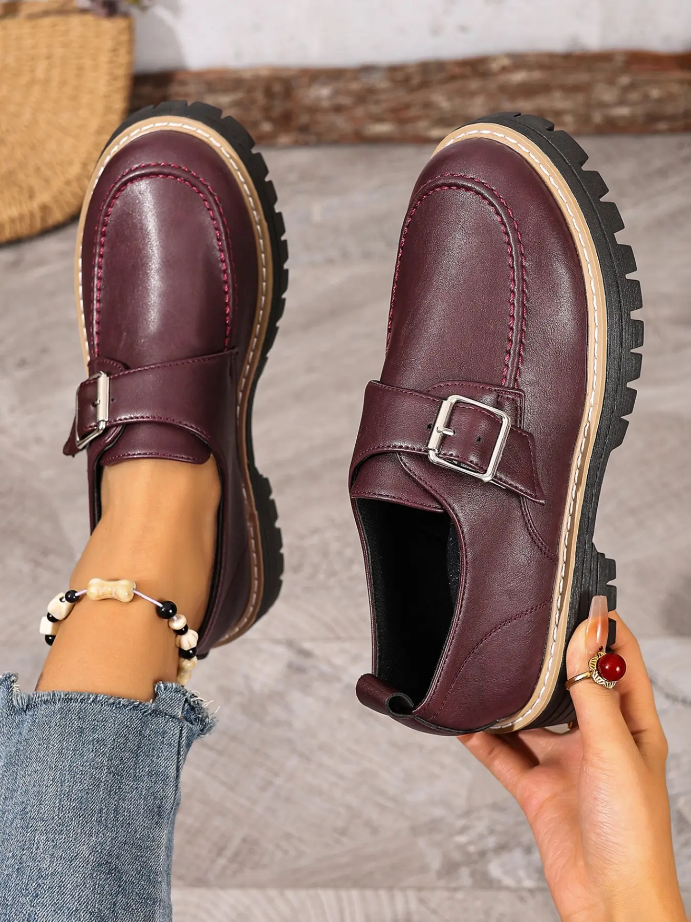 Women's Burgundy Loafers, Metal Buckle, Chunky Sole, Anti-Slip, Vintage British Style, Slip-On, Casual Office Shoes, Fall Winter 2026