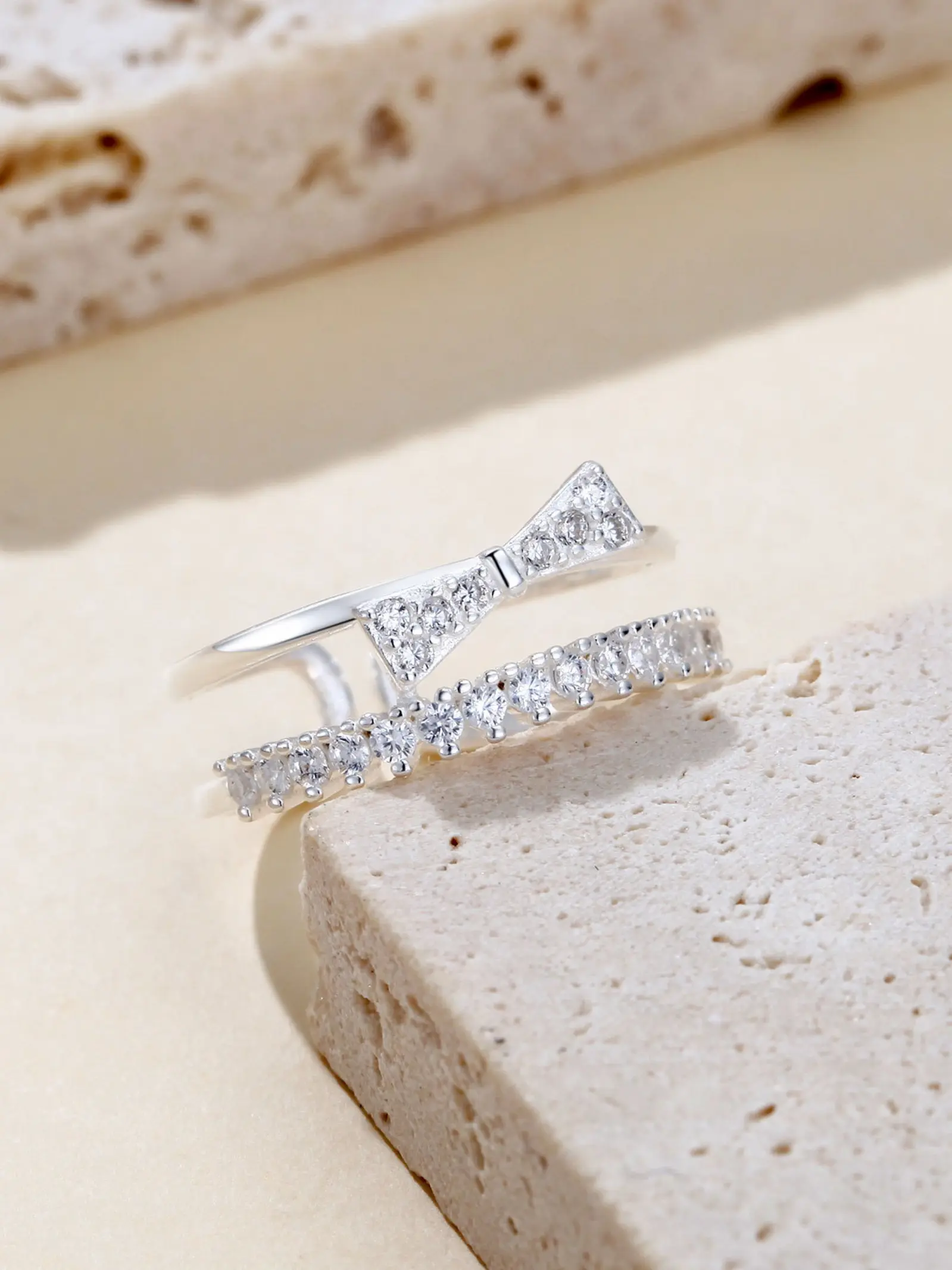 Women's Pure Silver Ring, 3D Bow Design Index Finger Ring, Minimalist Style, Luxury Small Unique Design, Dual Layer Band