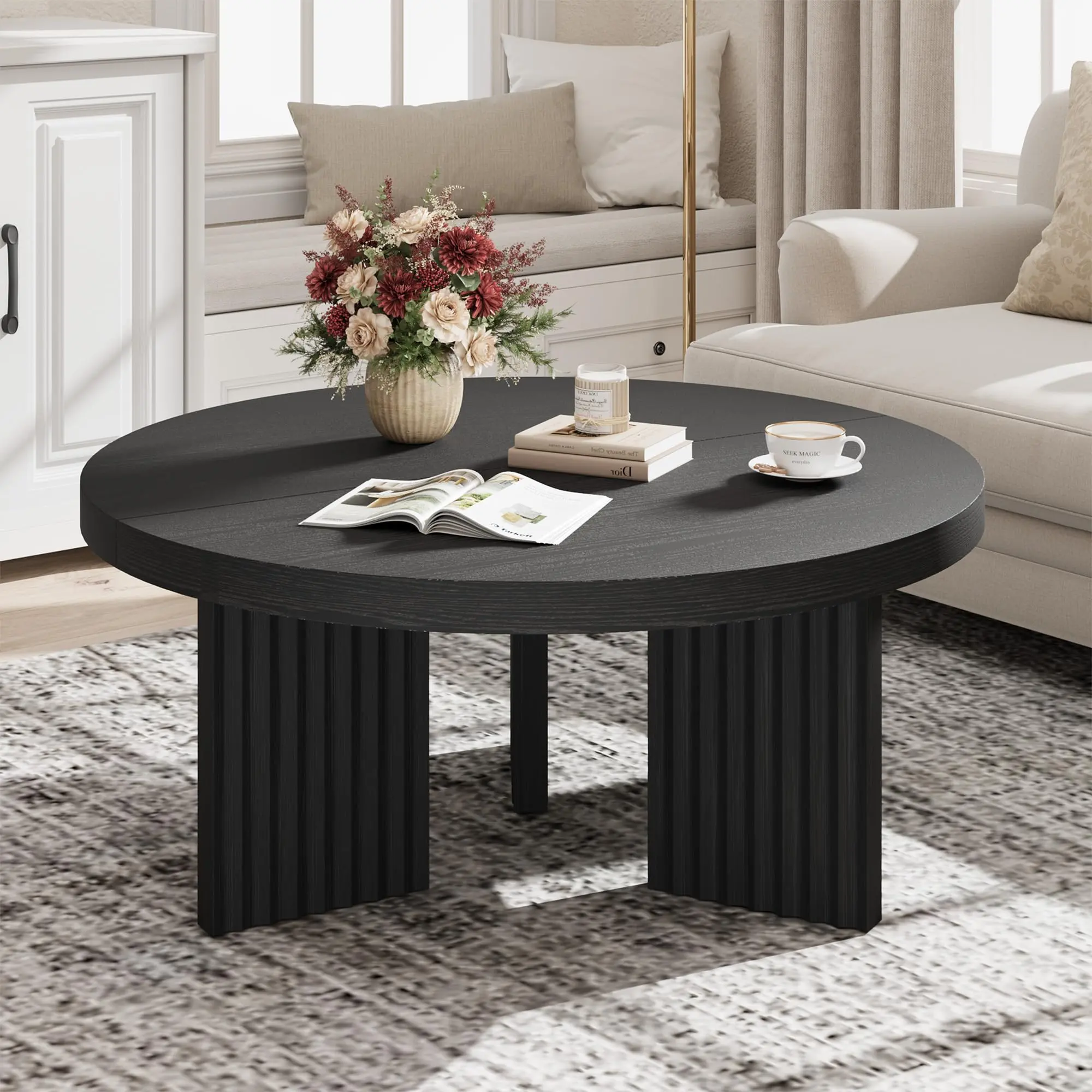 Gaomon Modern Fluted Round Coffee Table - 33.5 in Circle Shape Center Table with 1.3 in Thick Top, Easy-Assembly Accent Piece for Living Room, Bedroom