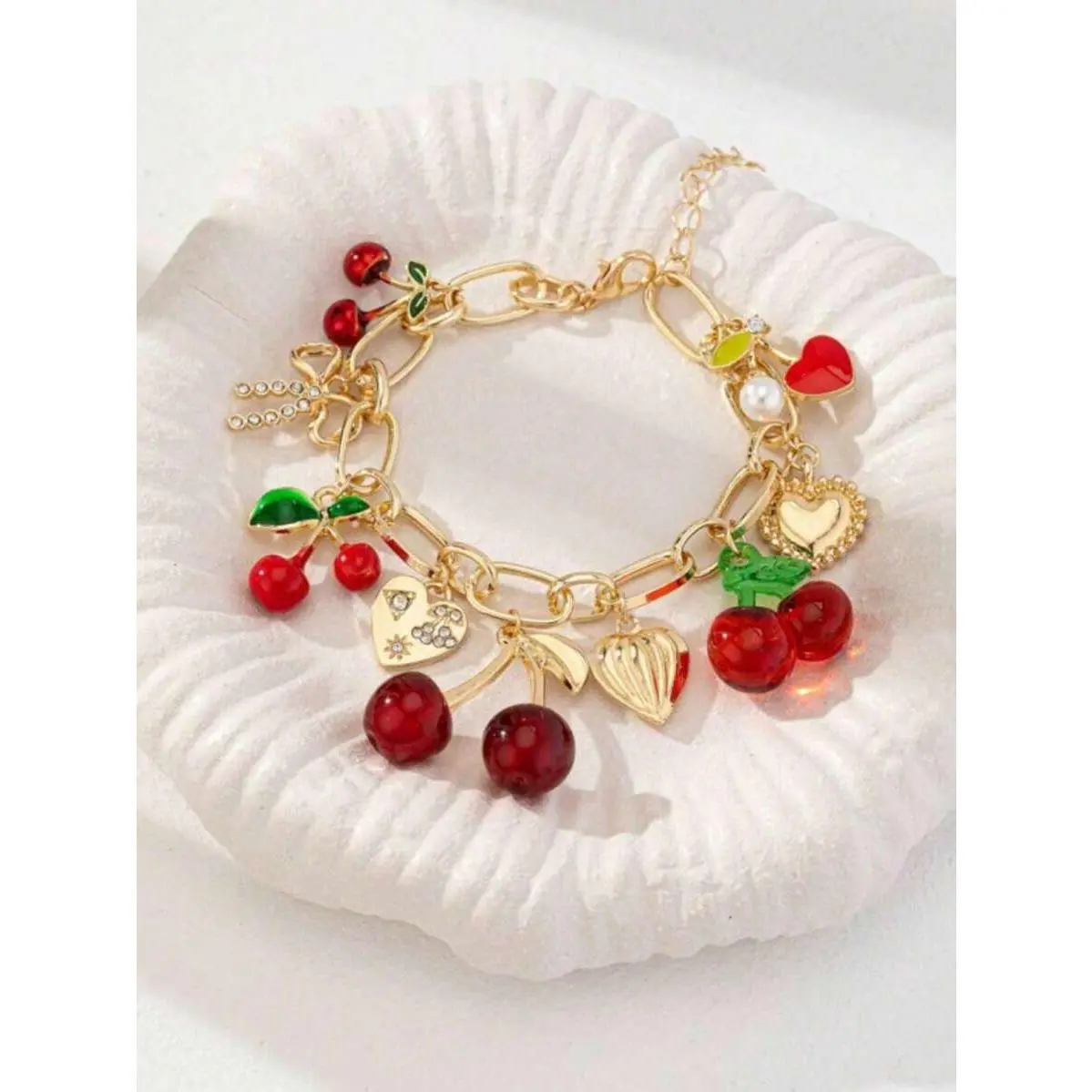 Personalized Mori-Style Alloy Multicolor Dopamine Cherry Heart Fruit Pendant Bracelet, Cute Stack Party Wear Accessory for 14-16y, Festive Party Gift