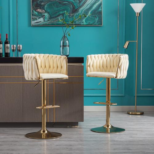 [Bellemave]Set of 2  Bar Stools,with Chrome Footrest and Base Swivel Height Adjustable Mechanical Lifting Velvet + Golden Leg Simple Bar Stool-Navy