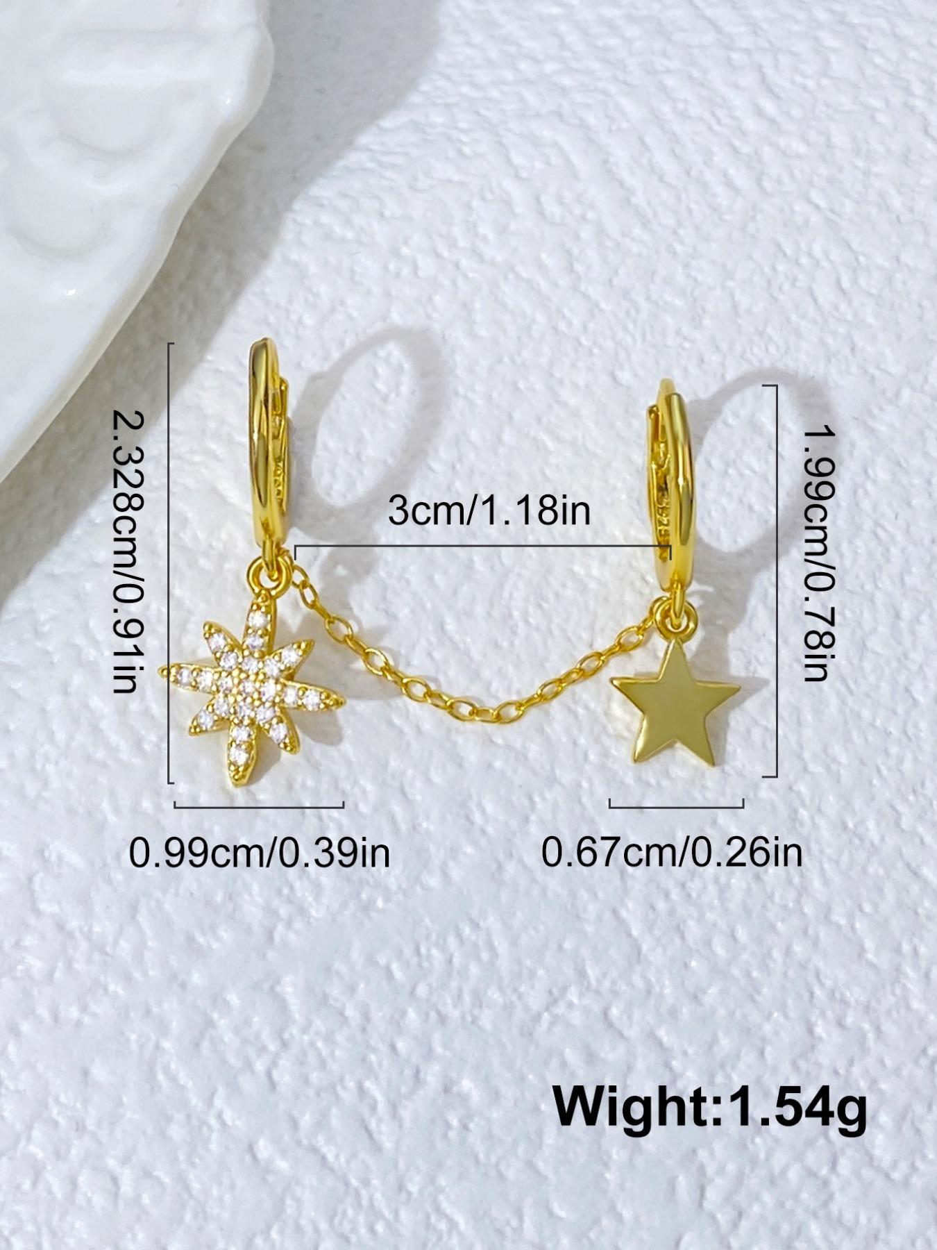 925 Sterling Silver Chain Design Earrings, Double-Threaded Eight-Pointed Star Zircon Drop Earrings, Stud Earring for Women, Fine Jewelry Gift, Elegant Minimalist Earrings