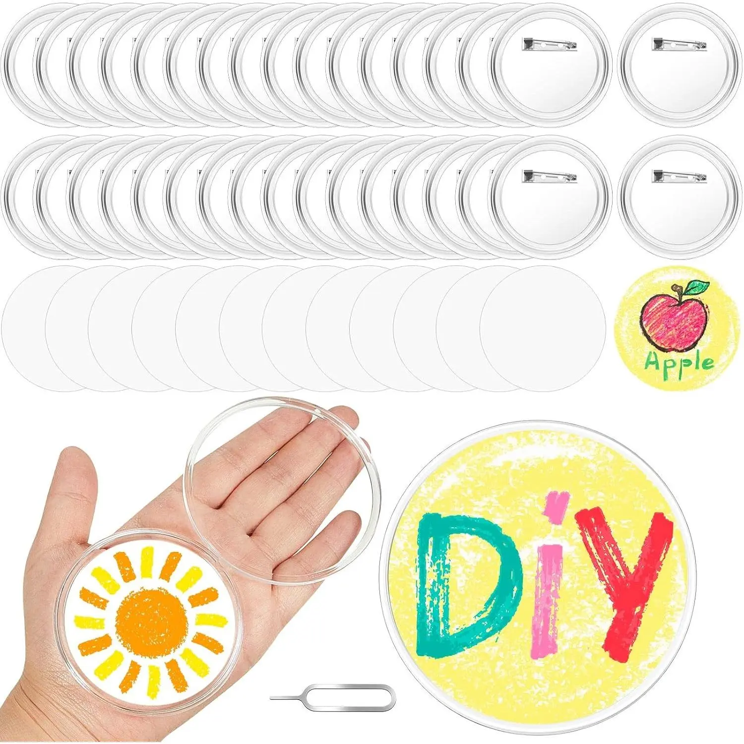 12set/39pcs Clear Button Pins Kit 2.28 Inch, DIY Button Maker Badges with Blank Inserts & , No Press Machine Needed, Craft Pins for Independence Day, Soccer Party Favors