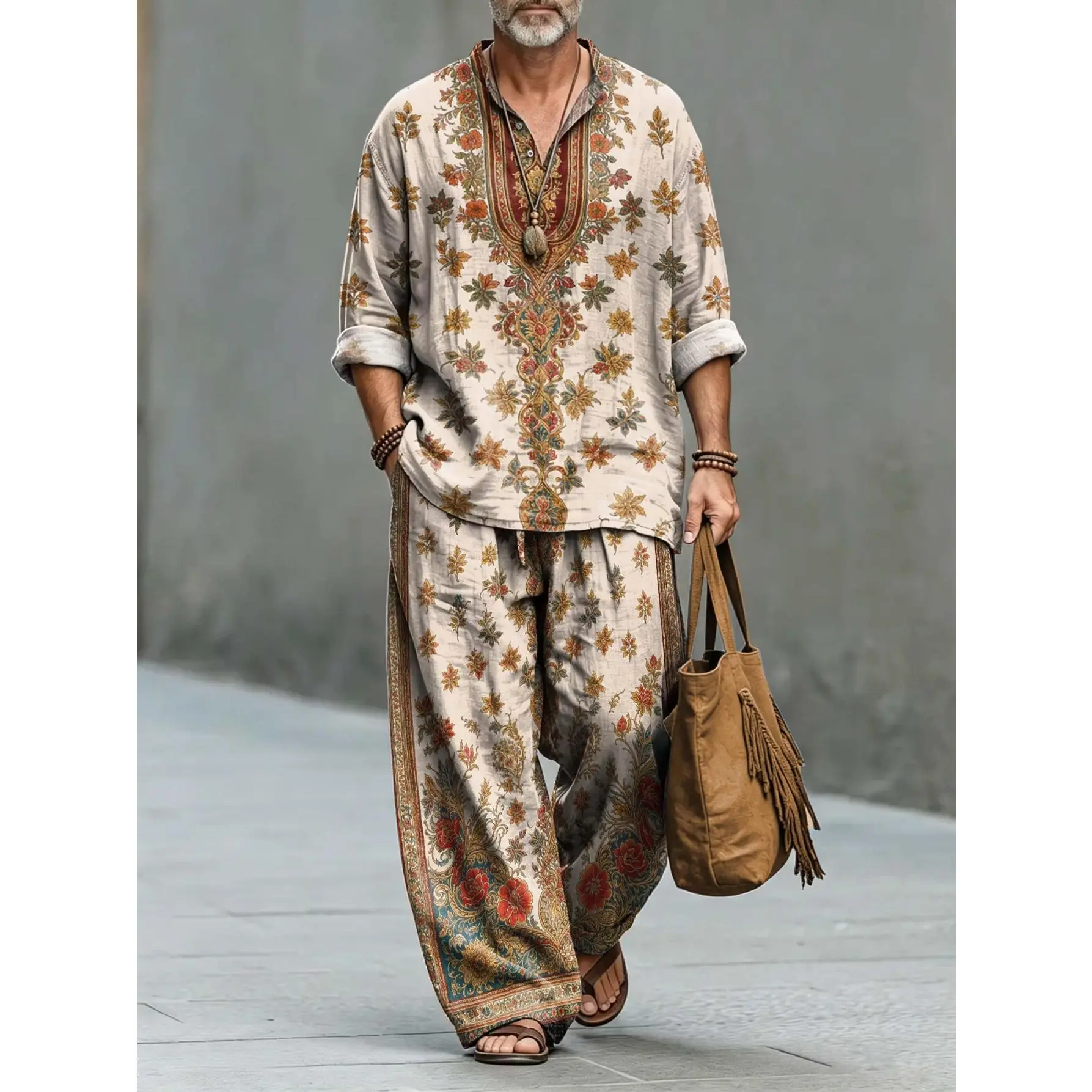 Men's Vintage Floral Print 2-Piece Set - Stand Collar Long-Sleeve Top, Drawstring Wide-Leg Trousers, Loose Bohemian Casual Menswear Suit