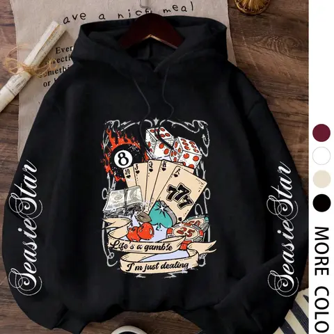 Poker & Dice Pattern Hoodie with Letter Print, Comfortable Casual Style, Easy to Pair with Any, Must-Have Closet Addition, Sweatshirts