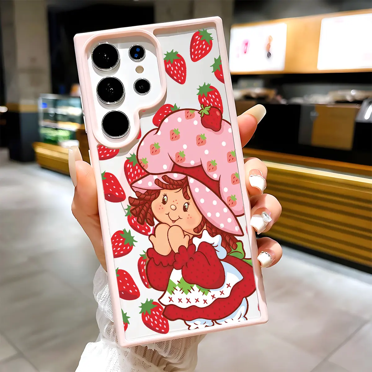 Retro Cute Pink Strawberry Shortcake Pattern Clear Magnetic Phone Case, Compatible with MagSafe Silicone Bumper Protective Cover For Samsung S26 S25 S24 S23 S22 Ultra Plus FE, Y2K Girly Gift