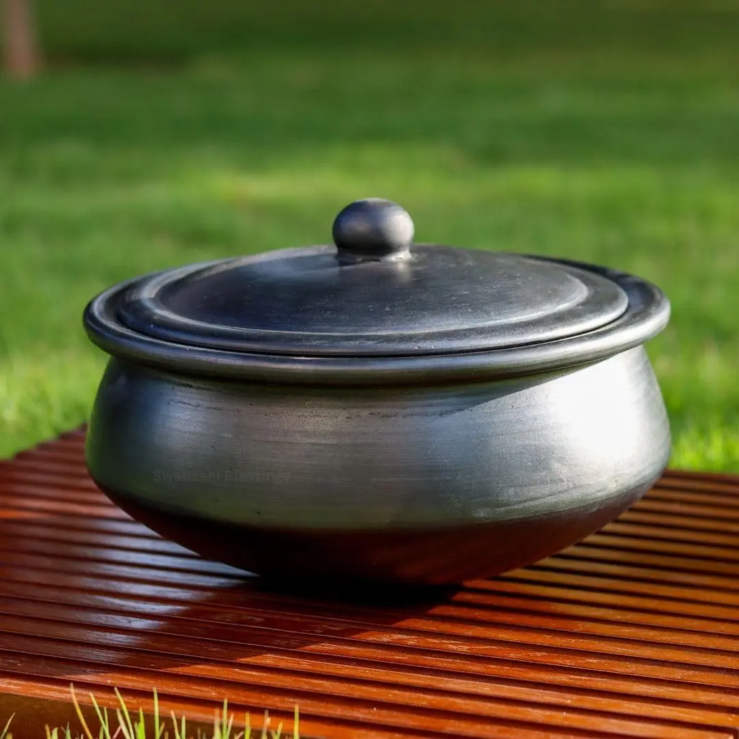 HandMade Unglazed Clay Cooking Pot with Lid, 2.8L, Black | Chemical-Free, Multi-Use Clay Cookware, Earthen Kadai, Mud Handi, Mitti Ke Bartan, Serving Pot, Free Cleanser&Palm Leaf Stand