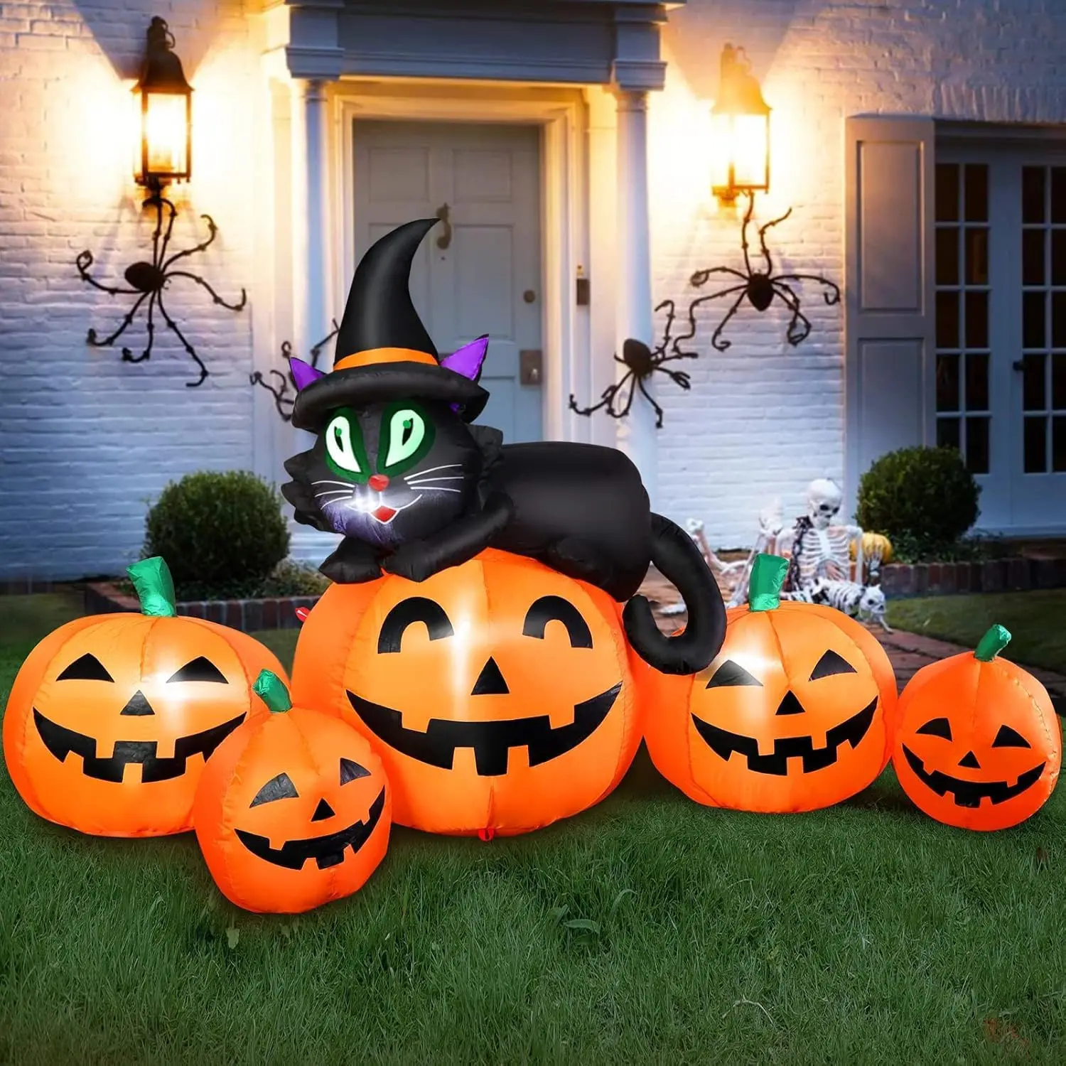 8FT Halloween Inflatable Pumpkin Outdoor Decoration, Lighted Blow Up Yard Decor, 5PCS Pumpkins with Witch’s Black Cat for Balcony Home Holiday Party Lawn Patio Outside Events Prop