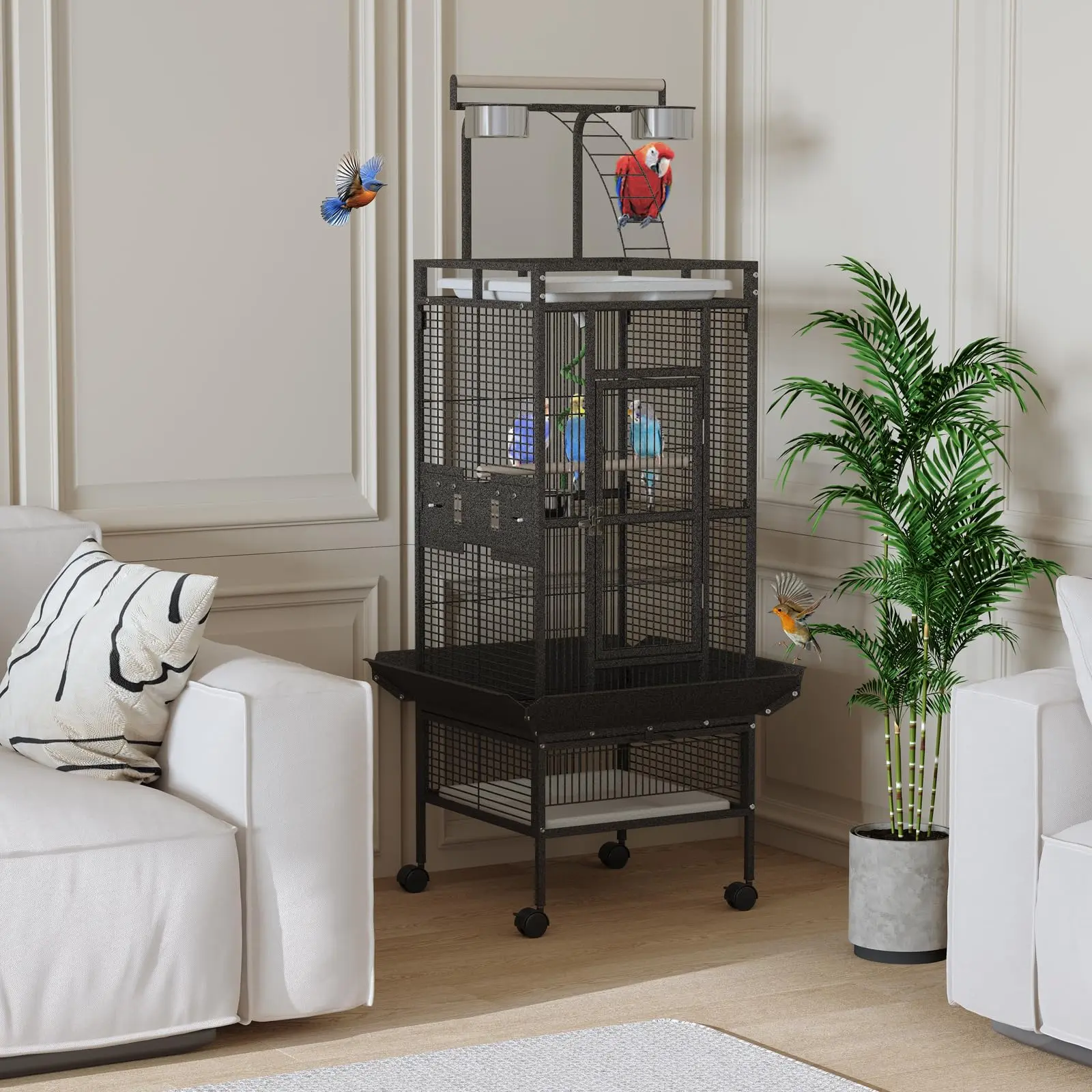 60" Large Bird Cage with Playtop – Rolling Stand, 4 Bowls & Slide-Out Tray, Heavy-Duty Metal Indoor Aviary for Parakeets, Lovebirds & Canaries