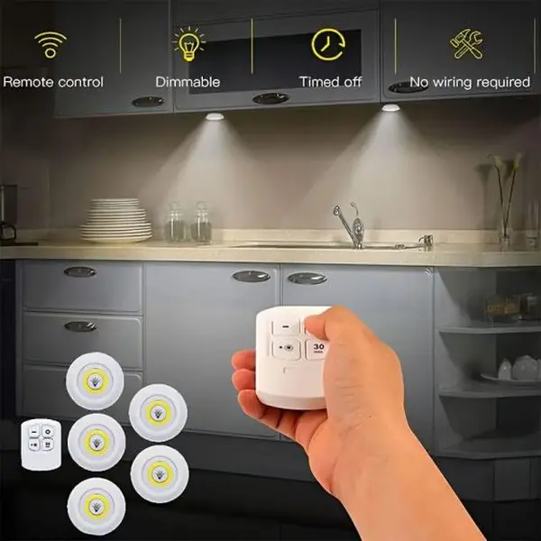 5 Pack Wireless Puck Lights with Remote Control, Battery Operated LED Under Cabinet Lights, Dimmable Stick On Lights with 30 Minute Timer for Kitchen, Closet and Pantry