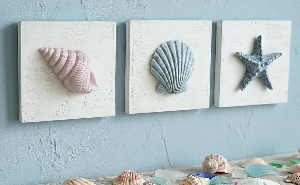 Tide and Tales 3D Beach Wall Art - Seashell with Starfish for Coastal Bathroom Decor, Ocean Inspired Decor for Bathroom, Coastal Bedroom, Living Room or Beach House, Set of 3 (6"x 6")