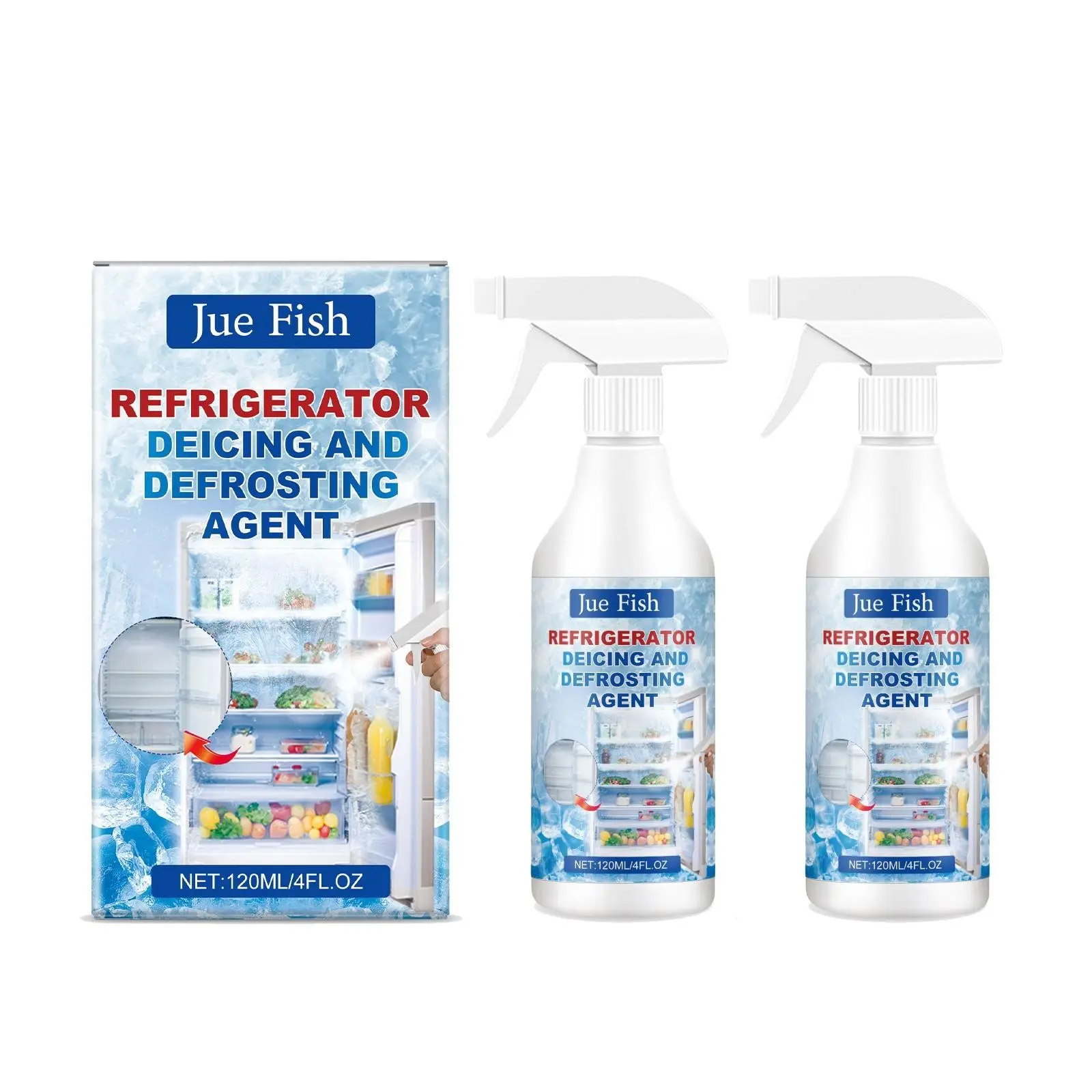 Jue-Fish Refrigerator Defrosting and Ice Removal Agent, Home Use Freezer De-Icer, 2 Pieces, Prevents Frost Buildup, Easy Cleanup, Fast Acting Liquid