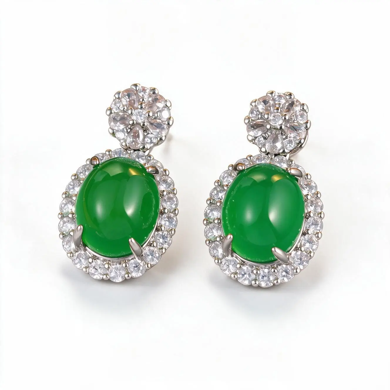 Oval Green Chalcedony CZ Accent Oval Stud Earrings - Exotic Look Costume Jewelry, Luxury Feel Without High Price Tag, Oval Studs