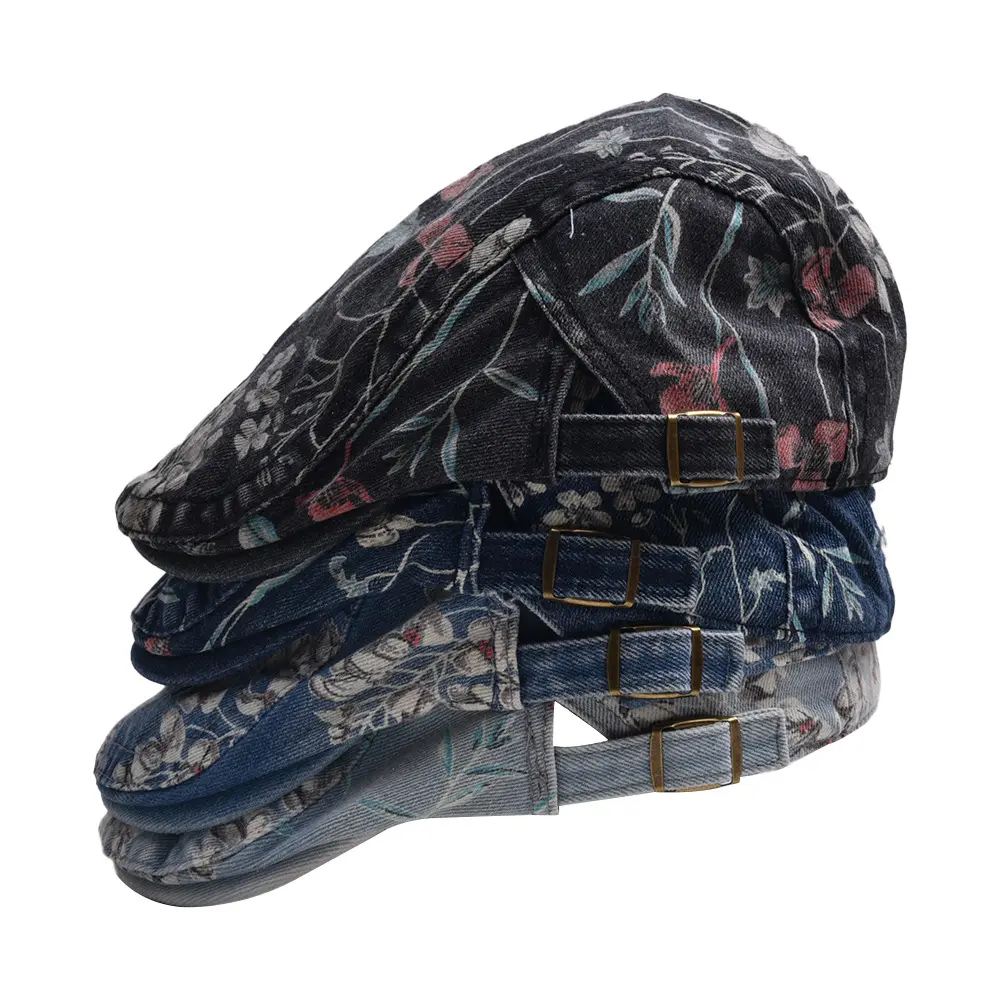 Effortless Glamour Black Floral Denim Flat Cap Vintage Newsboy Hat Y2K Viral Baddie Streetwear Botanical Print Ivy Driving Cap Adjustable Cabbie Beret