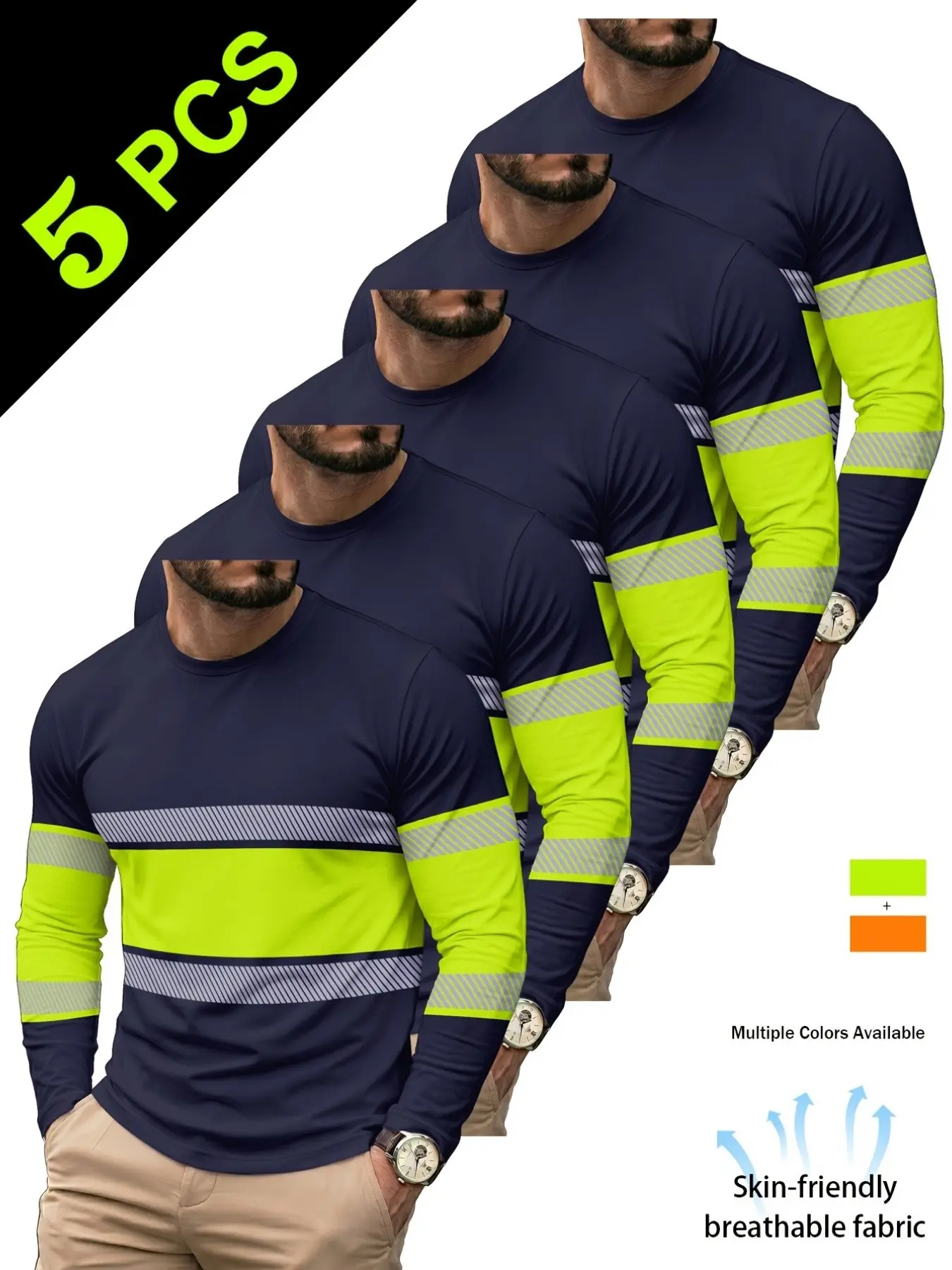 5pcs Men's High Visibility Reflective Long Sleeve Safety T-Shirts, Ideal for Construction Road Engineering, Casual Loose-Fit All-Season Wear