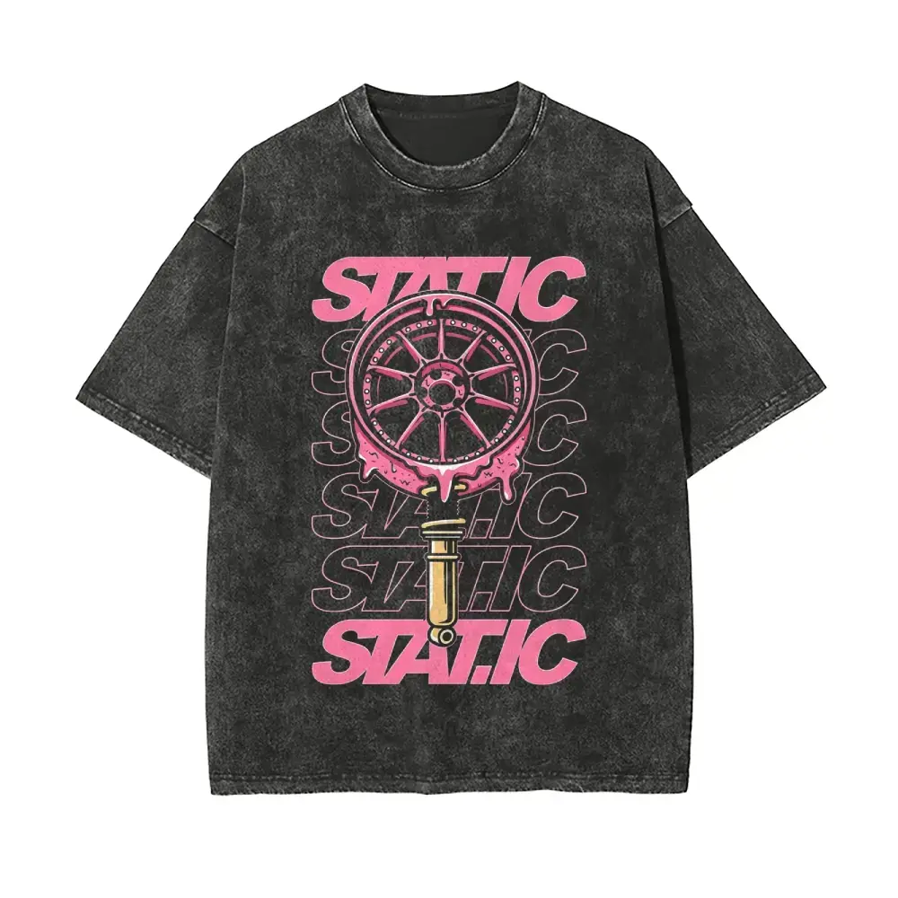 Washed Oversized Y2K Graphic T-Shirt, Dripping Pink Car Wheel Stacked Repeat Bold Lettering Front Print Tee, Vintage Grunge Streetwear, Unisex Short Sleeve Shirt