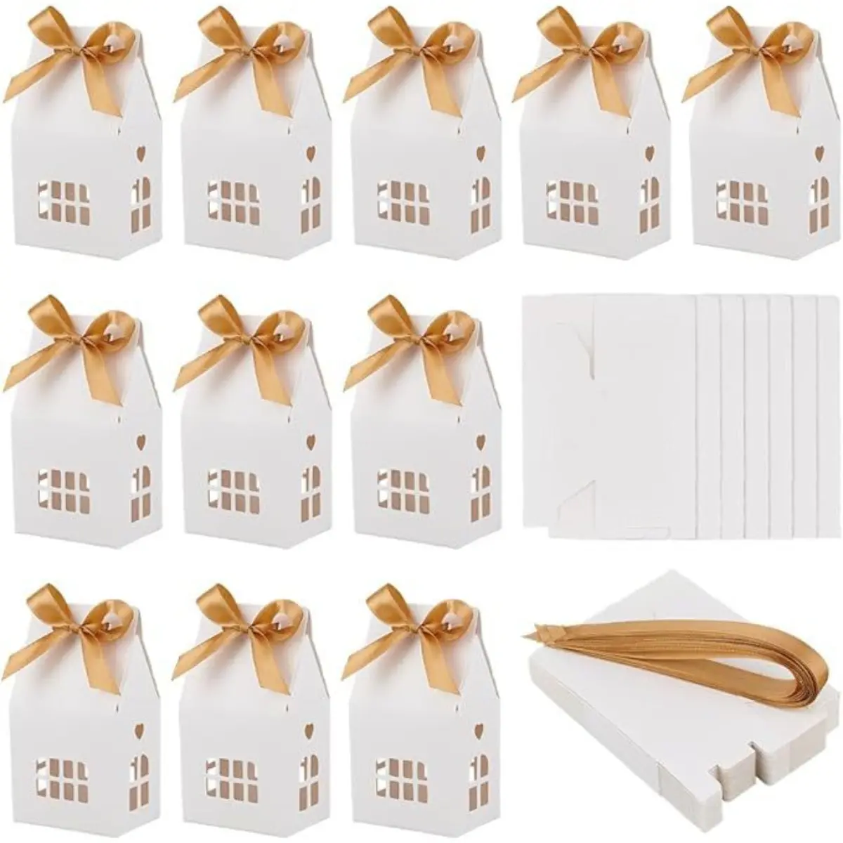 20-piece hollow Christmas small house candy gift boxes. Simple small gift boxes decorated with bows, available in white and brown colors. Suitable for festivals, parties, weddings, as gift boxes for souvenirs, and Christmas gift packaging boxes.