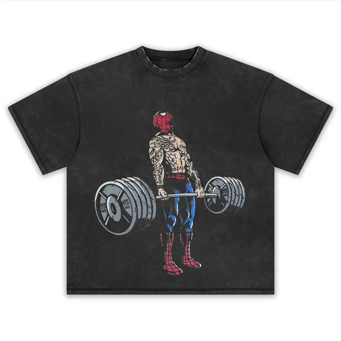 Retro Gym‑Inspired Crew Neck T‑Shirt, Acid‑Washed Weightlifting Cartoon Hero Character Printed Top, Trendy Fitness Fan Streetwear, Coordinate With Trucker Hat And Chain Accessories