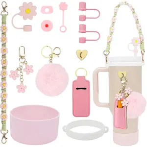 for Stanley Cup Accessories Set Including Water Bottle Handle Strap, Siliocne Stanley Cup Boot, Stanley Charms for Stanleys Cup 40oz & 30oz Tumbler, Siliocne Straw Cover