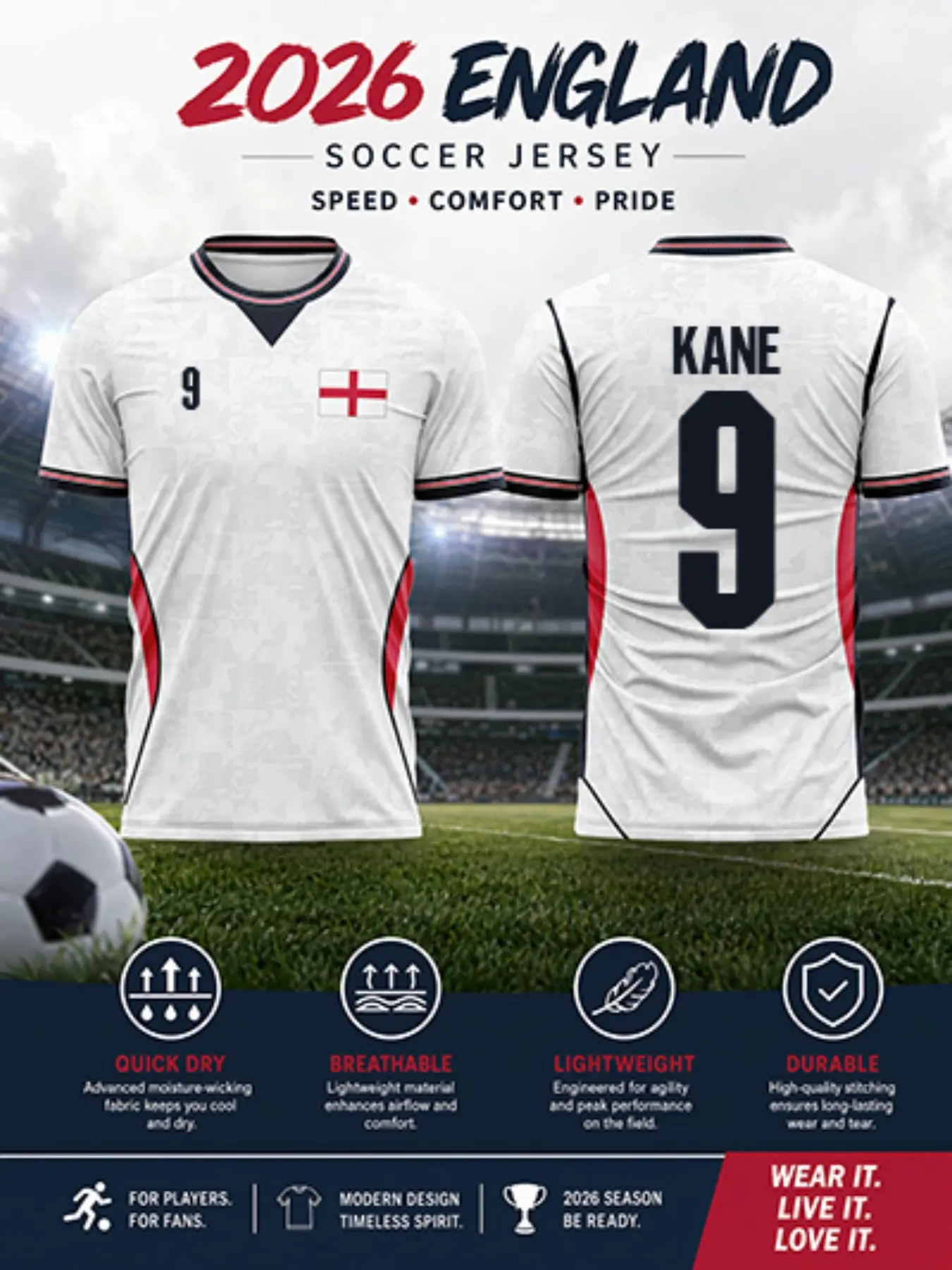 2026 England Home Soccer Jersey, Lion Print, Side Panel, Quick-Dry Short Sleeve, Fitted Breathable Football T-Shirt