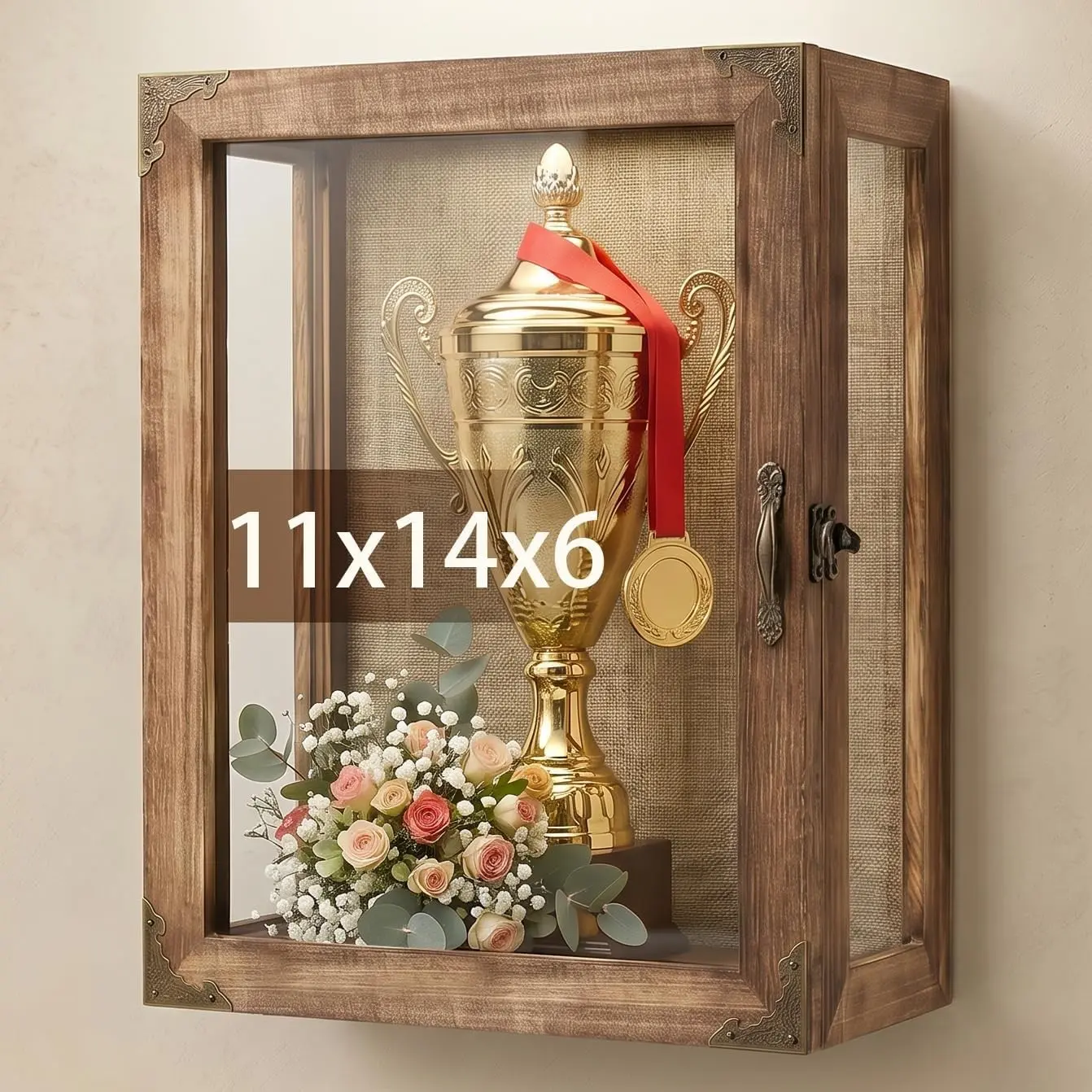 Shadow Box Display Case 11x14 Deep with Glass on 4 Sides, 6.2in Depth Wall Mounted Memory Box for Keepsakes, Wooden Display Case for Graduation Cap, Jersey, Wedding, Medals – Rustic Shadowbox Frame
