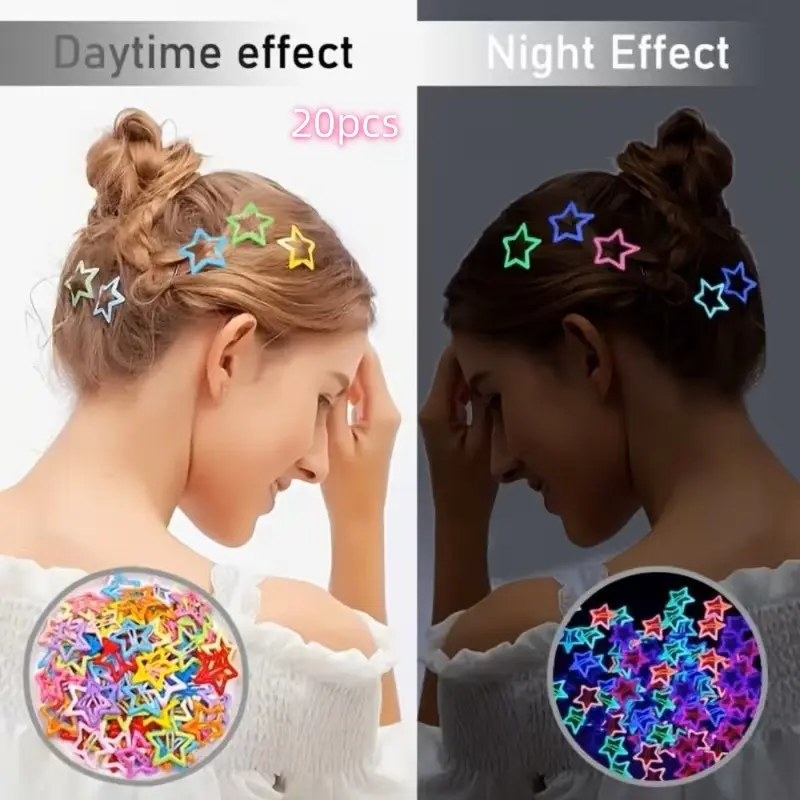 20pcs Glowing Star-Shaped Hair Clips Set, Cute Hair Clips, Candy Color + Glow Design, Multifunctional for Daily & Festive Use, Perfect Gift for Any Season, Barrettes Hair Clips