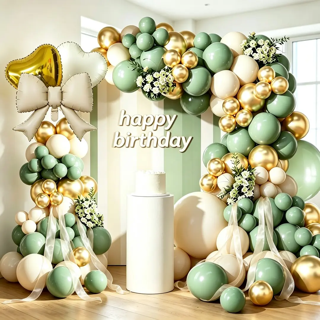 108pcs Sage Cream Gold Balloon Kit, Bow, 18 Inch Heart Foil Balloons, Fall Wedding Birthday Party Arch Decor