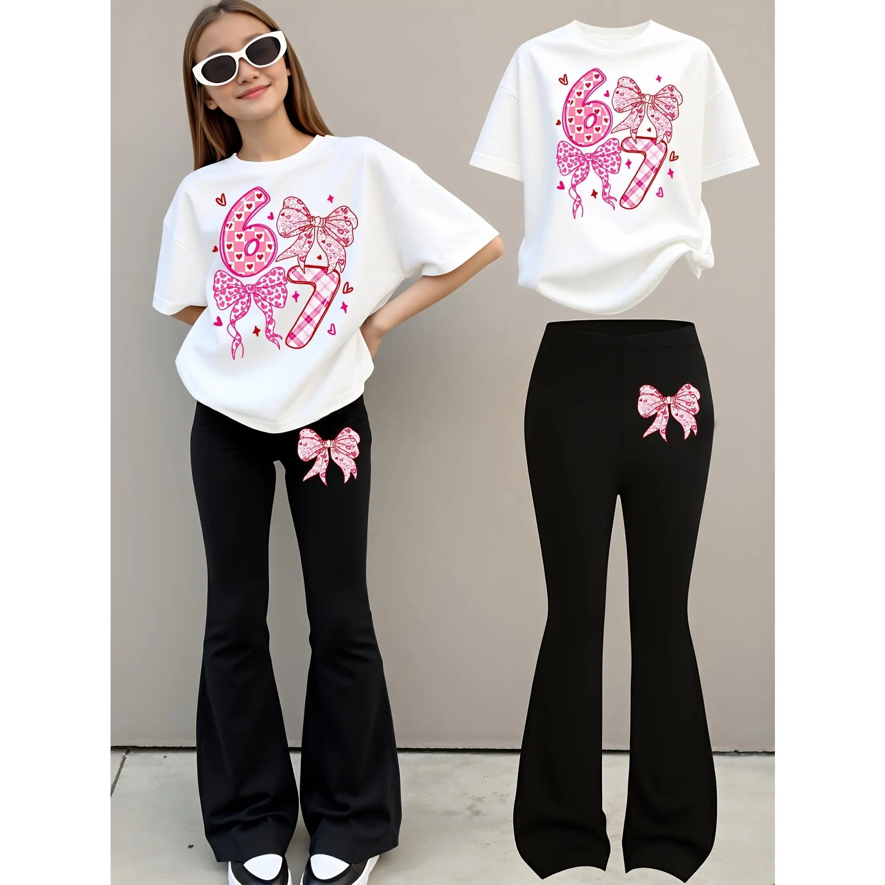 A Stylish And Sweet Casual Sports Set for Girls Featuring a Heart And Bow Print with The Number 67, Including a T-Shirt And Flared Pants, for Outdoor
