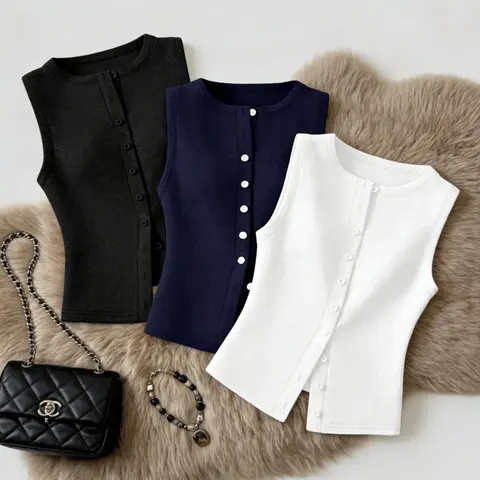 New Round Neck Sleeveless Knit Vest for Women, Button-Up Slim Fit Versatile Basic Inner Top, Three-Piece Set